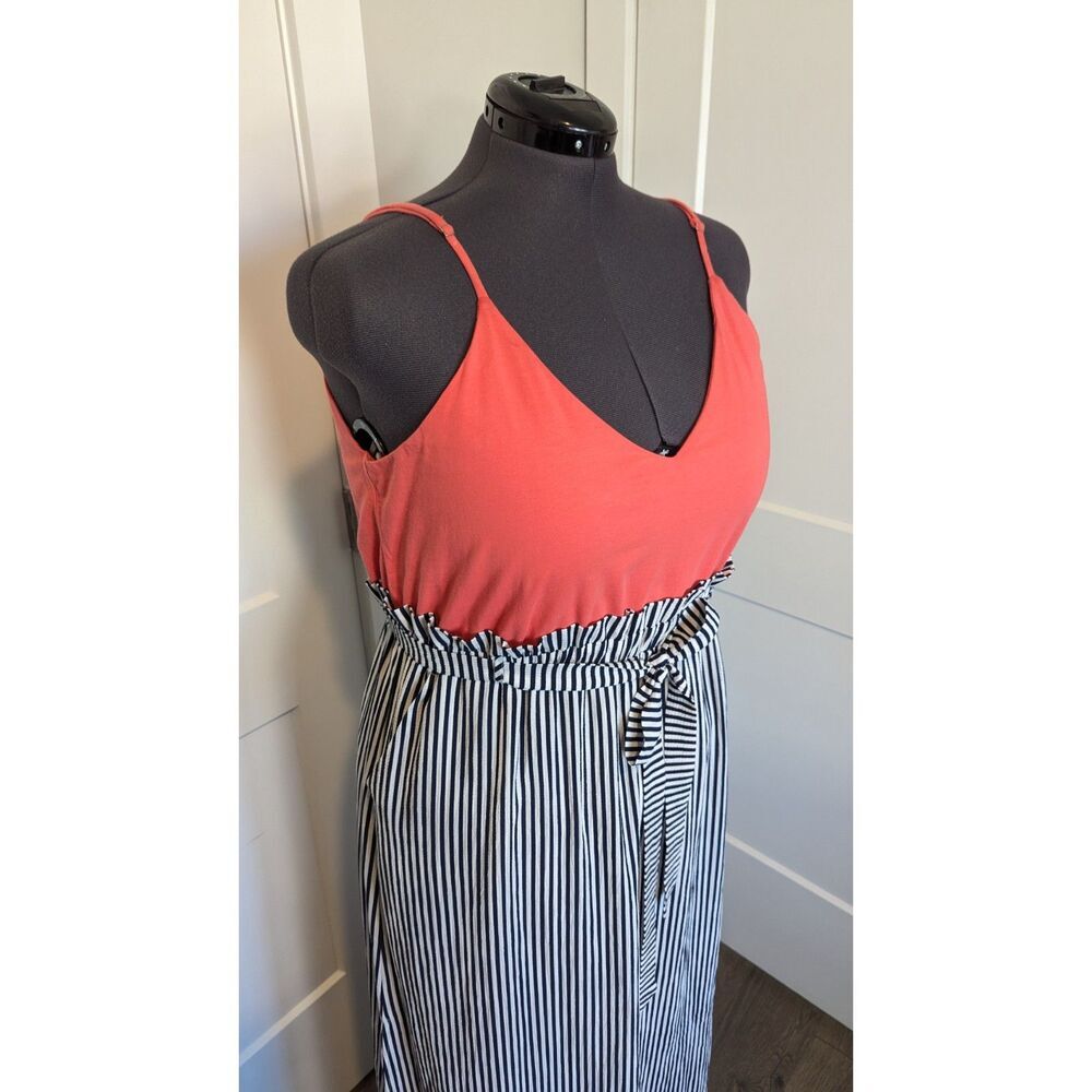 Main Strip Womens Maxi Dress Plus 2XL Paper Bag Waist Pink Orange Striped Black - Picture 2 of 8